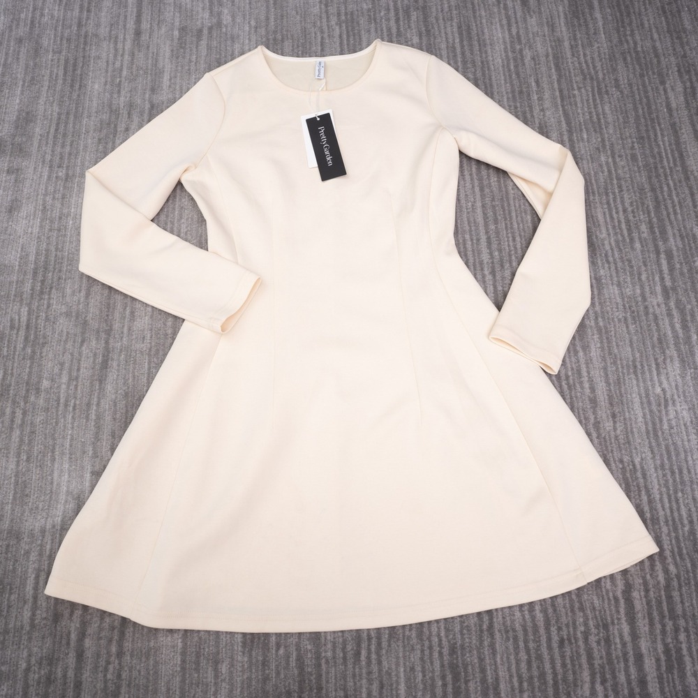 PrettyGarden Dress Womens Medium Cream NEW Long Sleeve Skater A-Line Solid
